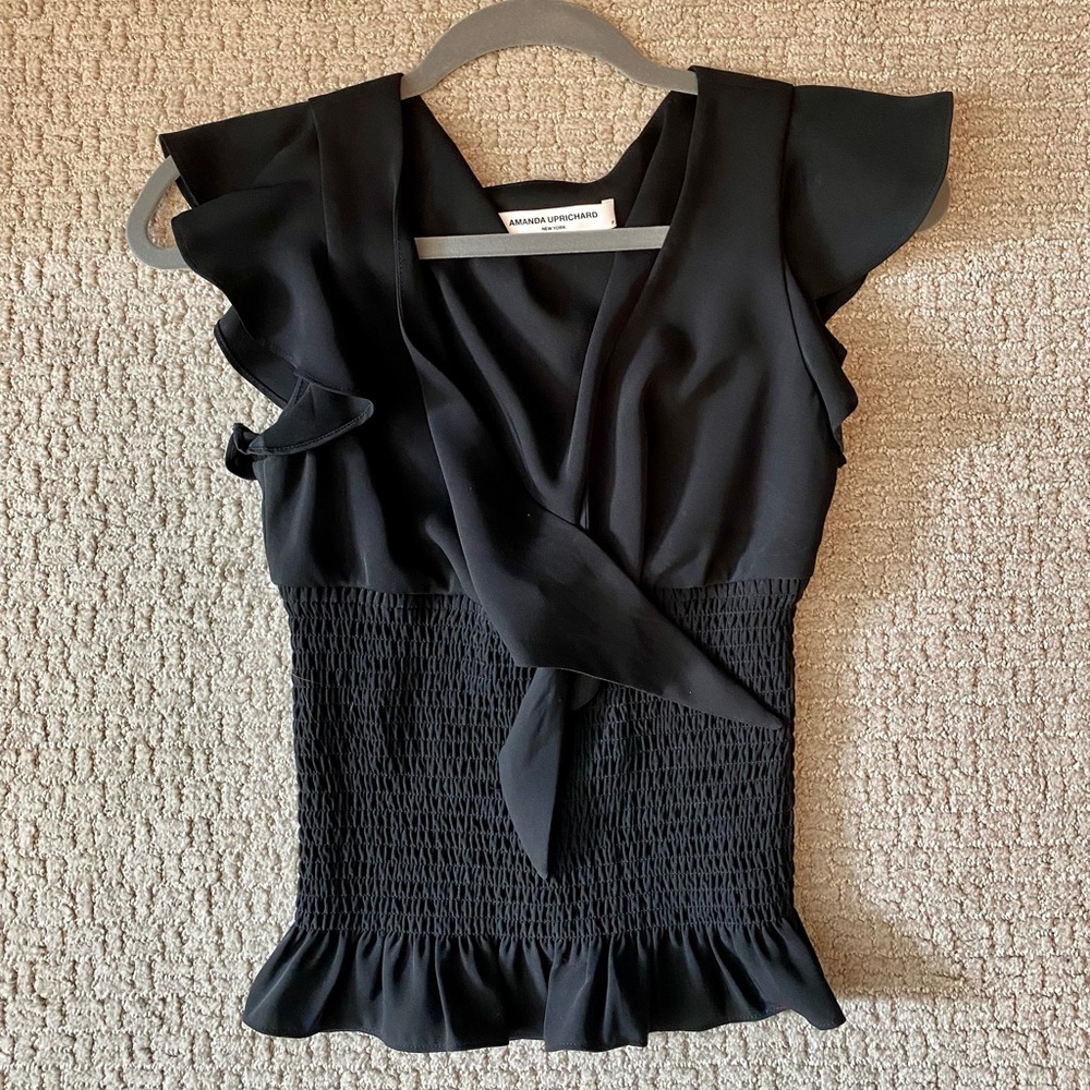 Black Silk Going Out Top, Cinched at Waist, Bow Tie Front, Amanda Uprichard, P